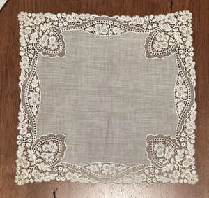 Antique Wedding Lace Handkerchief Victorian Embroidered 11.5” X 11.5” - Picture 1 of 24