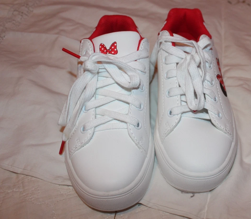 Children's Size 2 Disney Minnie Mouse Sneakers Shoes White Red Bow - Image 1 of 4