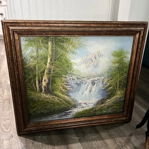 Vintage Original Oil Painting Mountains Waterfall Signed Rogers Framed 29x25" - Picture 1 of 8