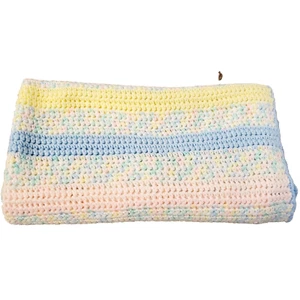Vtg Stripped Knit Pink Yellow Blue Trim Baby Throw Crib Afghan Blanket - Picture 1 of 5