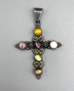 Vintage ATI 925 Mexiko Multicolor Katzenauge Sterling Kreuz Anhänger 2" - Bild 1 von 5
