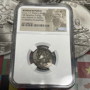 República Romana Ch XF C.Lic. Moneda antigua de plata L.f. Macer c.84 a.C. AR Denario  - Imagen 1 de 7