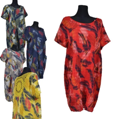 Damen Kleid Long Sommer Leinenoptik XL Rot Blau Grau Gelb Grün Baumwolle - Bild 1 von 3