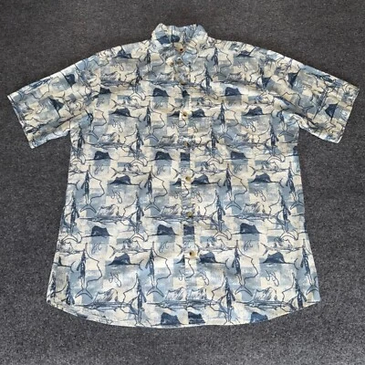 Camisa Hawaiana Woolrich Para Hombres Grande Azul Estampado de Peces Aloha Abotonada Manga Corta Foto 1 de 4