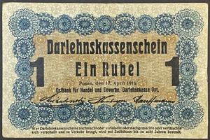 WWI German occupation 1 RUBEL OST Ruble 1916 Posen Poland Banknote N693 - Picture 1 of 3