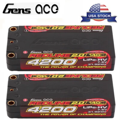 2X Gens Ace 4200mAh 140C 7.6V 2S Lipo Battery HV HardCase Shorty For 1/10 RC Car - Image 1 of 4