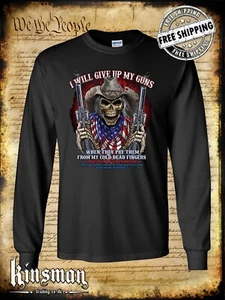 2nd Amendment Cowboy Long Sleeve T-Shirt American Flag Revolvers Give Up My Guns - Picture 1 of 1