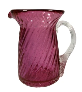 Vintage Art Glass Creamer Pitcher Pink Purple Clear Applied Handle 4" Hand Blown - Picture 1 of 12