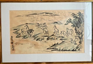 PINTURA Chuzo Tamotzu años 60 Santa Fe caballo paisaje occidental vaquero Japón suma - Imagen 1 de 10