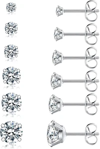 6 Pairs Stud Earrings Set, Hypoallergenic Cubic Zirconia 316L Earrings Stainless - Picture 1 of 12