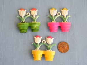 Lot of 3 Vintage Plastic Window Shade / Light Pulls ~ Flowers in Pots - Picture 1 of 2