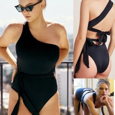 NWT HAH X Free People One Piece Swimsuit Medium 1 4 Ur Soul 1 Shoulder Black - Image 1 of 4