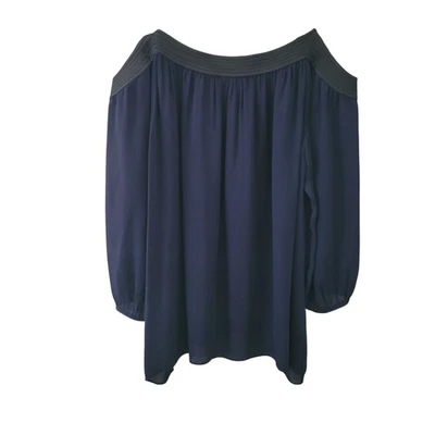 Club Monaco 100% Silk Off-Shoulder Blouse Womens Size XS Navy Long Sleeve   - Image 1 of 4