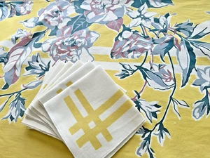 A+ Vintage Lemon Yellow 100% Cotton Tablecloth 8 Napkins 54X72 Bold Floral Gray - Picture 1 of 22