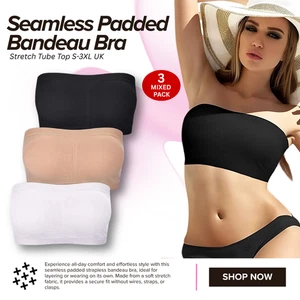 3 Mixed Pack Seamless Strapless Padded Bandeau Bra Stretch Tube Top S-3XL UK - Picture 1 of 20