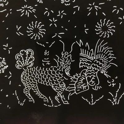 Antique Japanese Katagami Paper Kimono Stencil Katazome Kirin Crane Floral C907 - Image 1 of 4