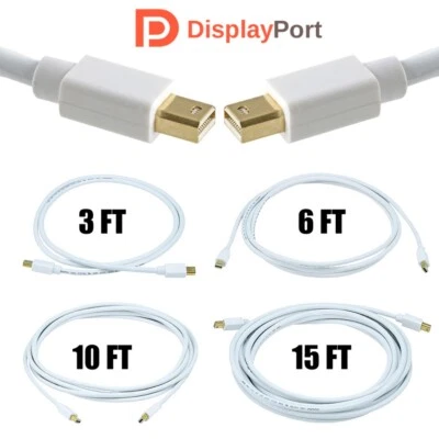 3 6 10 15 FT Mini DisplayPort DP Male to Male Video Cable Gold MacBook White - Image 1 of 2