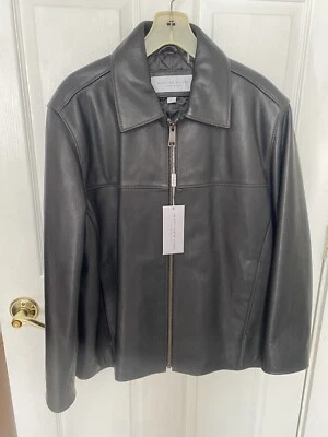 Jaqueta de couro genuíno masculina Marc New York Andrew Marc preta G nova com etiquetas colarinho - Imagem 1 de 4