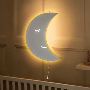Mond Nachtlicht Kinderzimmer Baby Kinderzimmer Dekor weiß Holz Wandlampe Geschenk - Bild 1 von 24
