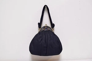 VINTAGE CHARLET Victorian Steampunk Black Wool Fabric Purse w Jeweled Frame - Picture 1 of 4