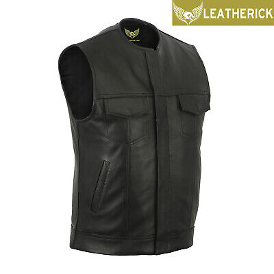 Men’s Sons Of Anarchy Black Collarless Vest Motorcycle Leather Cut Off Waistcoat • 62.74€