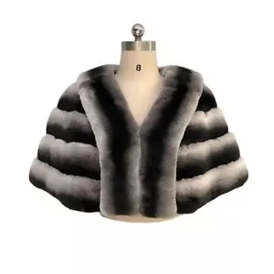 Women Real Rex Rabbit Fur Poncho Natural Chinchilla Color Shawl Coat Winter Cape - Picture 1 of 4