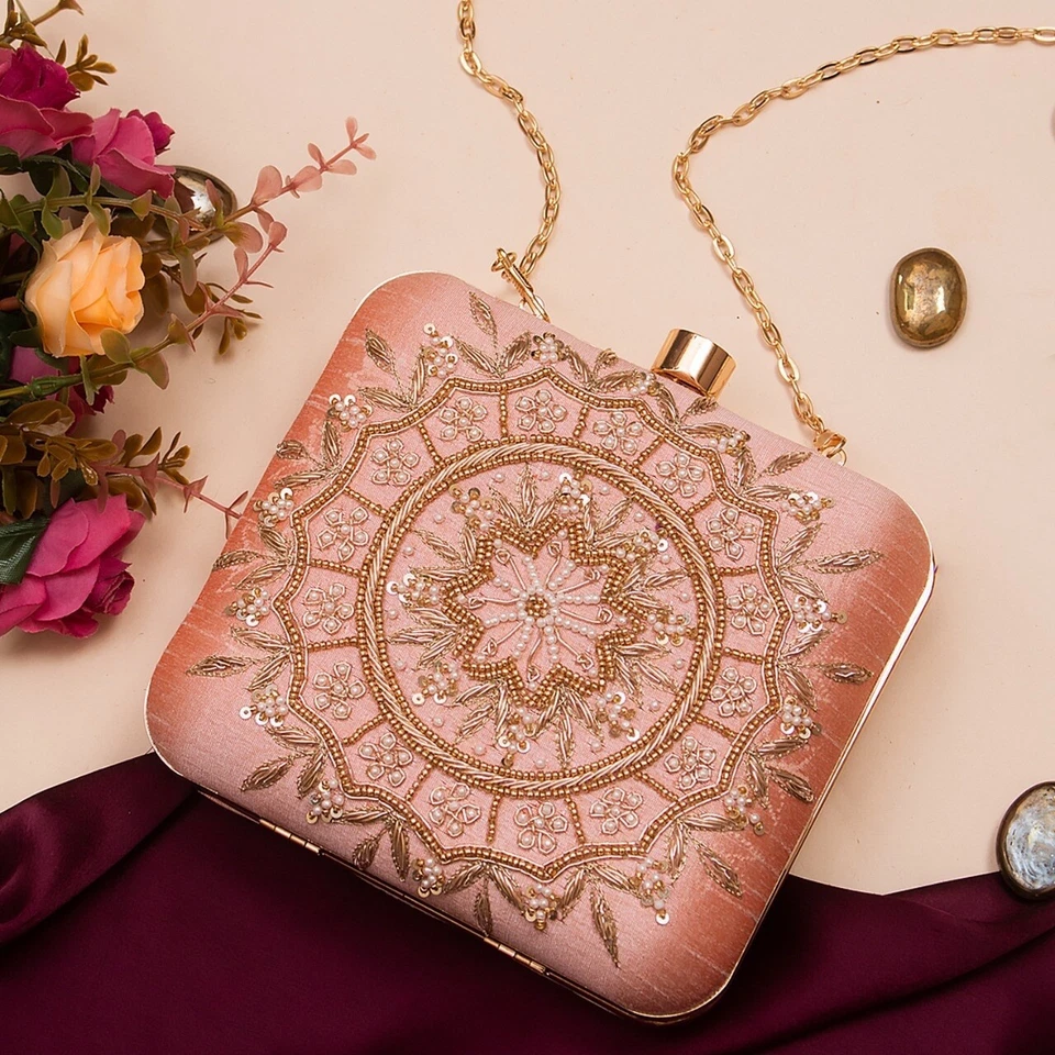Peach Raw silk Beaded Handbag Clutch Purse Evening Wear Kiss Lock - Image 1 of 1