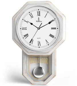 Reloj de pared de péndulo blanco - reloj de pared regulador de granja de madera rústica - Imagen 1 de 9