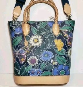 NWT BRIGHTON BOTANICAL BLUES ASTER LEATHER  FLORAL BUTTERFLY'S BEE TOTE MINT$445 - Picture 1 of 13