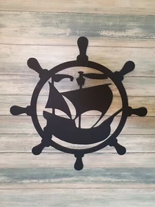 Steuerrad mit Kogge Schiff Deko Maritim aus 3mm Stahl von 30cm-100cm Logo Segeln - Bild 1 von 3
