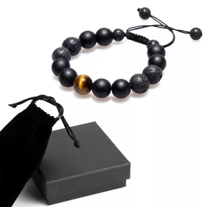12MM Charm Natural Tiger's Eye Black Lava Rock Stone Beads Men Bracelet Gift - Picture 1 of 7