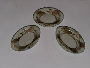 SET OF 3 VINTAGE NIPPON JAPAN SALT DIP HAND PAINTED PINK FLOWERS SCALLOPED EDGE