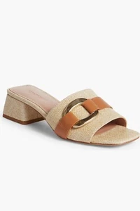 Nordstrom Birdies Slide Sandals Natural Raffia Gold Details Block Heel Size 8 - Picture 1 of 10