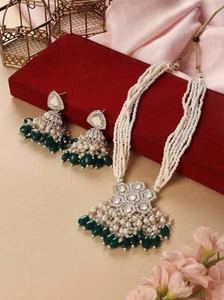 Juego de pendientes y anillos largos de piedras verdes con cuentas de múltiples hebras para mujer - Imagen 1 de 6