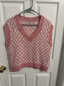 FRNCH Paris Women' Pink & White Sleeveless Checkered V-Neck Knit Vest Size S/M - Picture 1 of 3