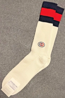 Authentic Men's Gucci Ivory, Blue & Red Wool Interlocking GG Logo Socks - Size S - Image 1 of 4