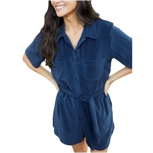 NWT Outerknown Rewind Terry Short Sleeve Belted Romper Navy Blue Women's Small - Picture 1 of 19