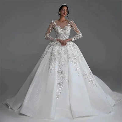 Luxury Wedding Dresses Bead  With Princess Ball Gown Full Sleeve O-Neck Button  - Image 1 of 4