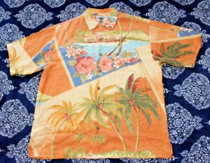Tommy Bahama SILK Shirt Men’s MEDIUM Orange Hawaiian Shirt Palm Tree Vacation - Picture 1 of 7