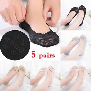 5 Pairs Women Lace Antiskid Invisible Liners Low Cut Socks Toe Ankle Socks Sheer