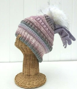Kids Ages 2-7 PomPom Chunky Thick Stretchy Knit Lined Beanie Hat Gloves Set #Z - Picture 1 of 5