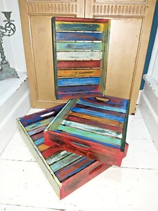 SET OF THREE SOLID WOOD RUSTIC TRAYS - Picture 1 of 15