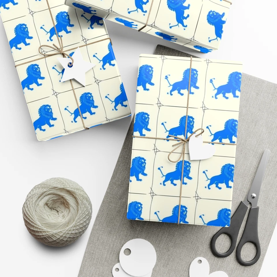 Papel de Envolver, Leones Azul Blanco, Amante de los Animales, Suministros para Fiesta Temática Safari, Foto 1 de 1