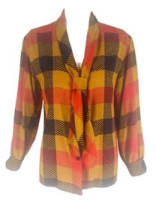 Vintage YVES SAINT LAURENT RIVE GAUCHE Plaid Mustard Black Red Silk Blouse, 42/M - Picture 1 of 11