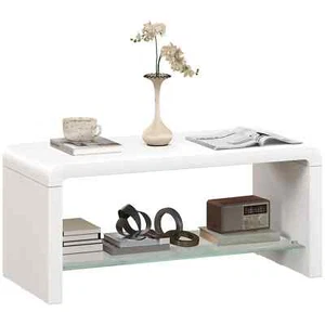 High Gloss Coffee Table Two-Tier Storage Glass Shelf Modern Tabletop MDF White - Picture 1 of 11