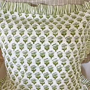CPC Emerald Green Cotton Boho Block Print Ruffle Throw Pillow Cover 18x18" Zip - Picture 1 of 9