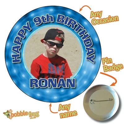 LARGE 75mm Personalised PINK BLUE PHOTO Big Birthday Badge ANY AGE 18th 21st 322