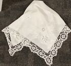 Antique Embroidered Linen Tablecloth 35” Handmade Lace Edge Insert Repair Cutter
