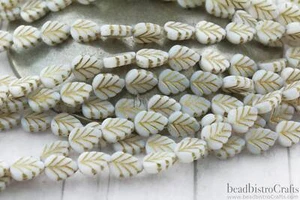 16pcs Leaf beads - Pressed Czech glass Mint Leaves - MILKY Alabaster GOLD Wash - Picture 1 of 9
