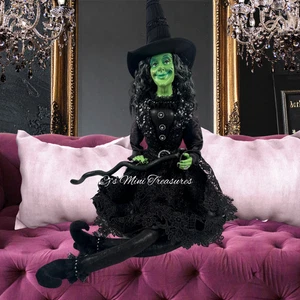 Bella Lux grünes Gesicht Regal Sitter Halloween Hexe Puppe Figur 32" schwarzes Kleid - Bild 1 von 18